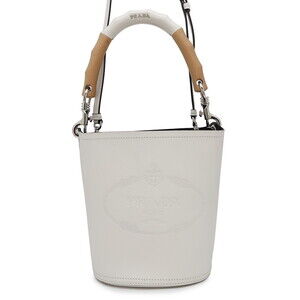 Prada Tambour Bucket Handbag Leather Wood Shoulder Bag White